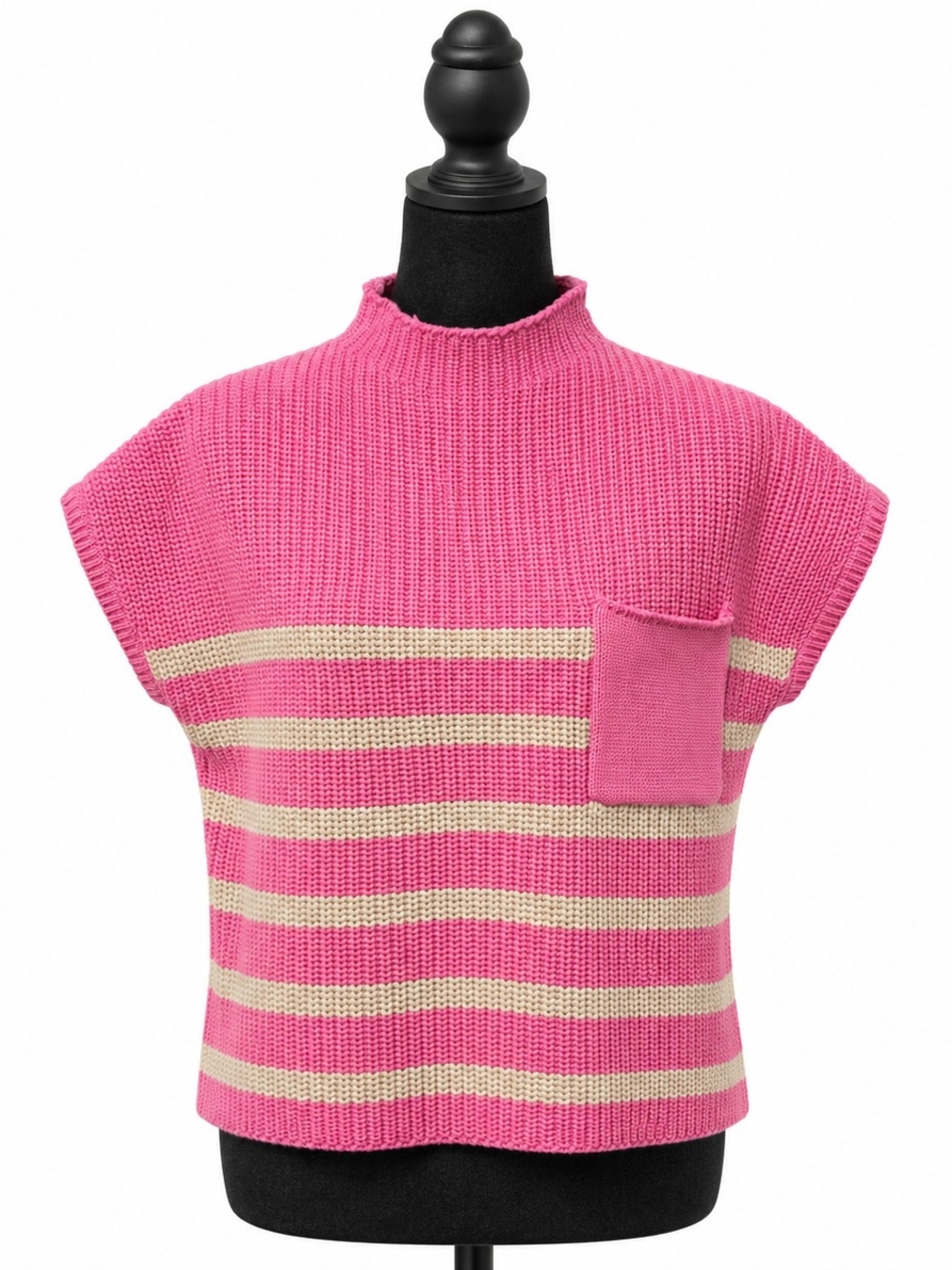 Women's Pink Stripe Knit Short-Sleeve Sweater By Zenana